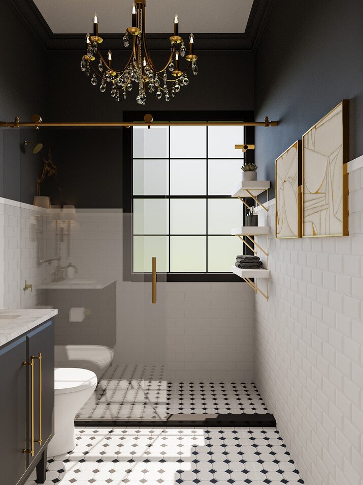 Glam Black & White Bathroom Design Rendering thumb