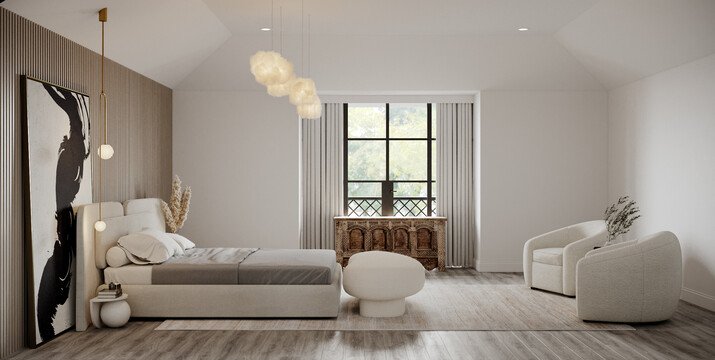 Unique and Neutral Bedroom Design Rendering thumb