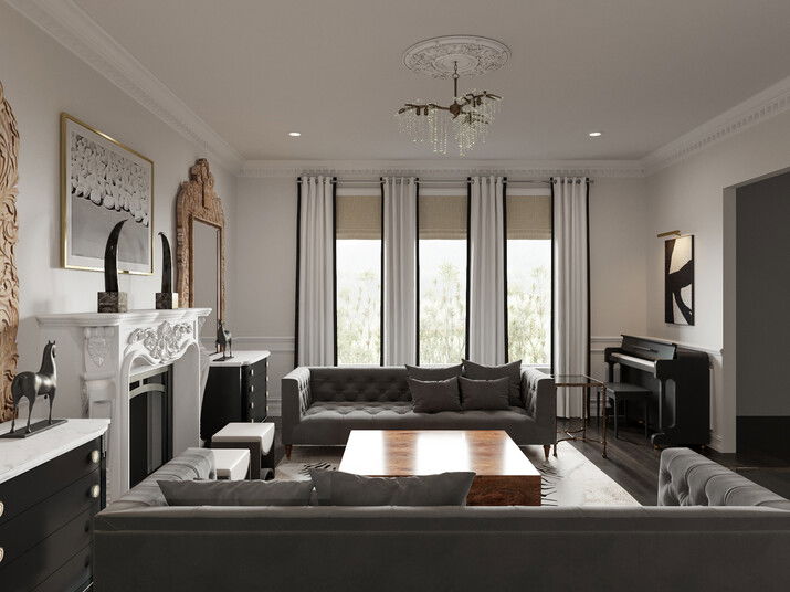 Hand Carved Fireplace Living Room Rendering thumb