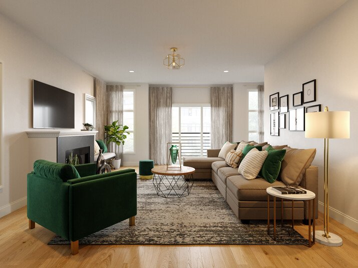 Emerald Green Accent Living Room Design Rendering thumb
