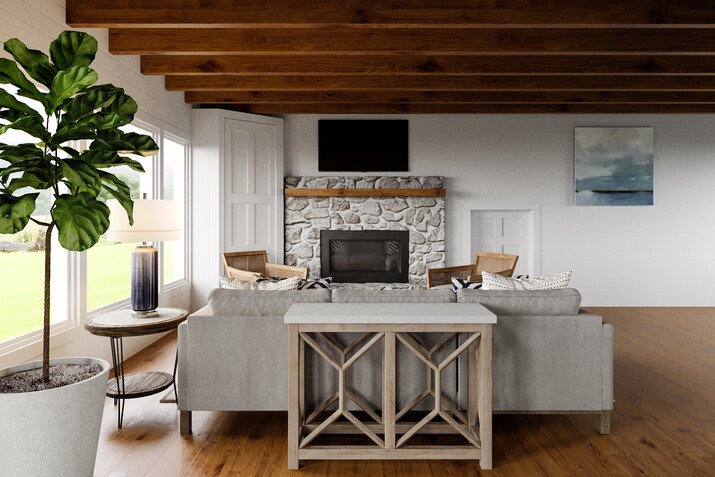 Modern Cabin Living & Dining Room Interior Design Rendering thumb
