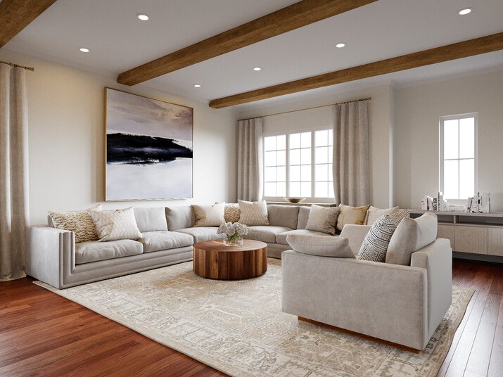 Spacy Living Room with Ceiling Beams Design Rendering thumb