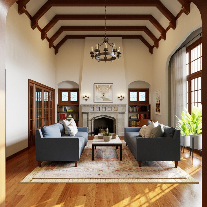 Vaulted Ceiling Tudor Living Room Design Rendering thumb