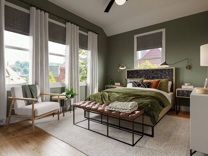 Relaxing Green Bedroom Design Rendering thumb