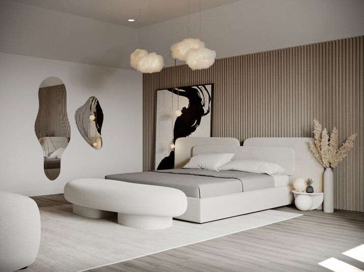 Unique and Neutral Bedroom Design Rendering thumb