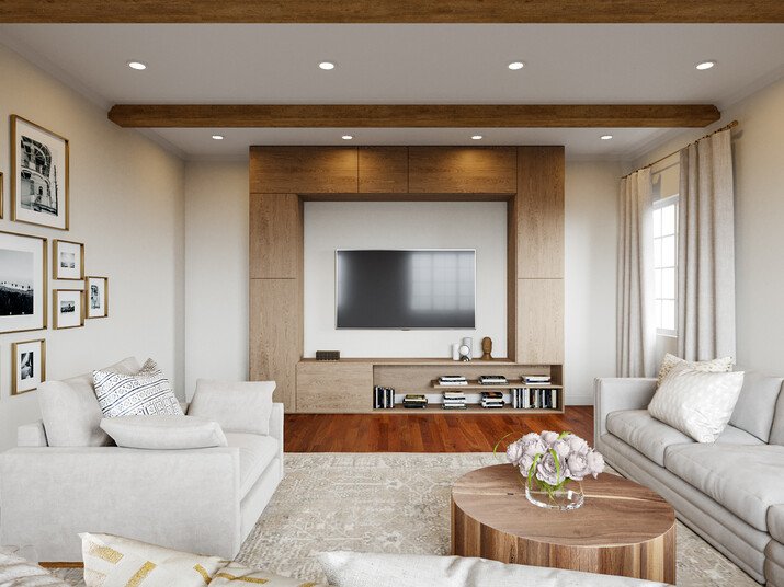 Spacious Living Room with Ceiling Beams Design Rendering thumb
