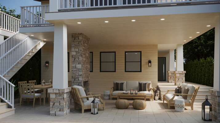 Stone Accents Patio and Upper Level Deck Design Rendering thumb
