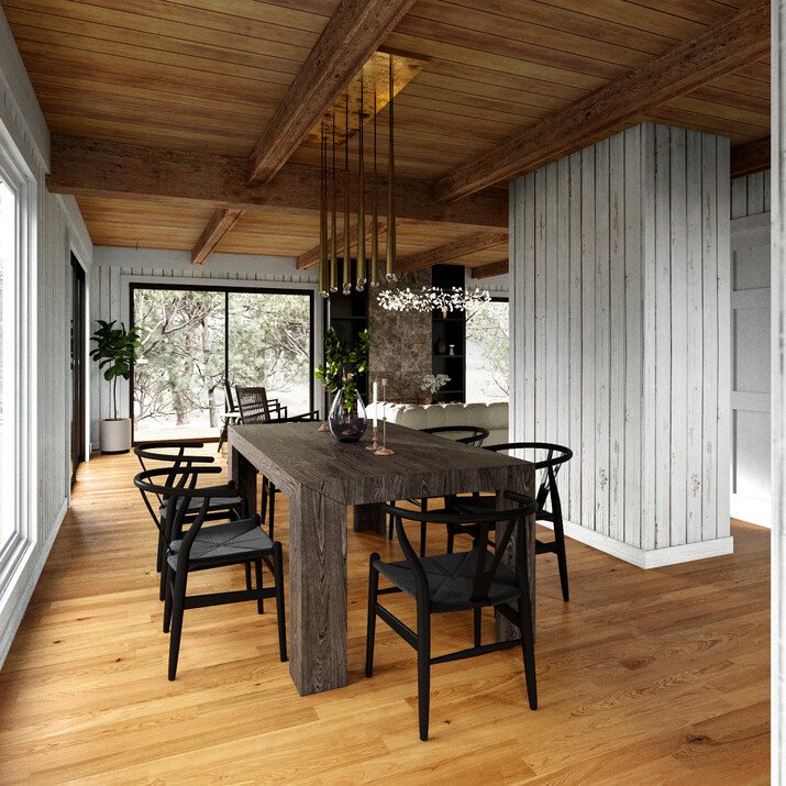 Modern Rustic Lakehouse Living and Dining Rendering thumb