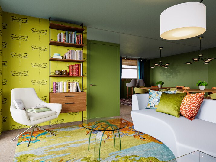 Warm & Colorful Eclectic Condo Interior Design Rendering thumb