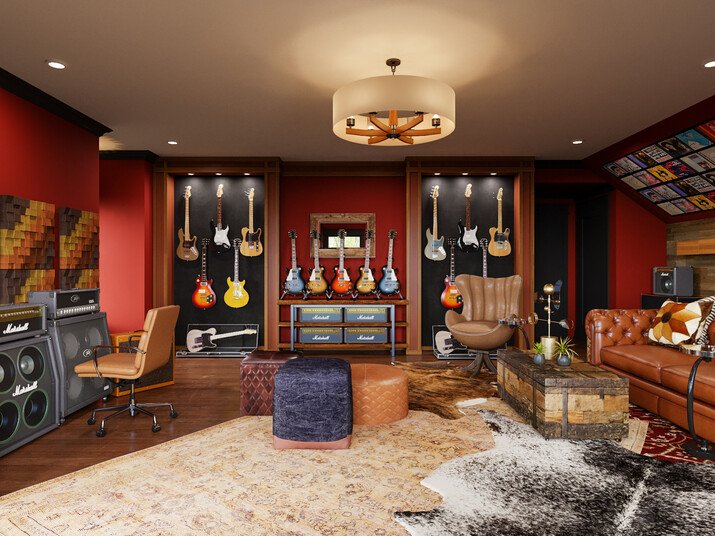 Warm and Leather inspired Music Room Rendering thumb