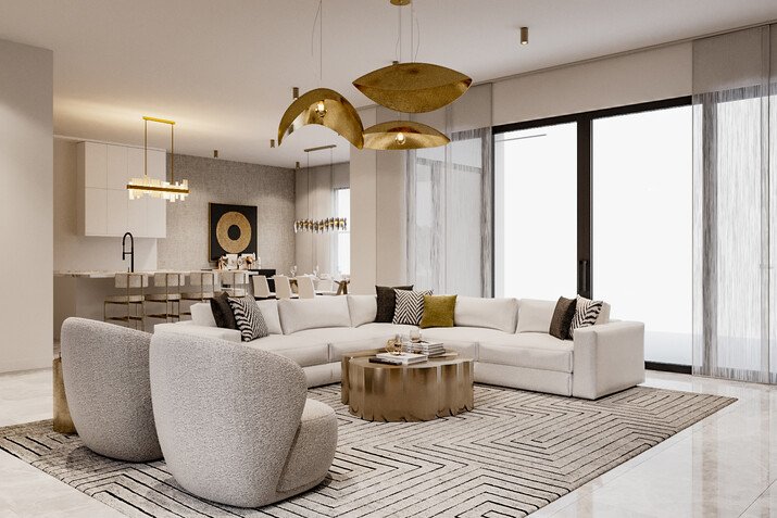 Combined Modern Luxury Living and Dining Room Rendering thumb