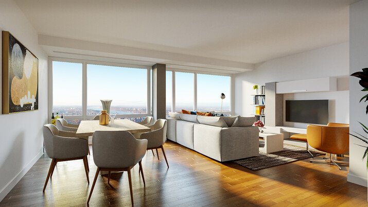 Sleek Apartment Design with Blue & Brown Pops Rendering thumb
