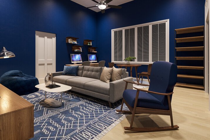 Living room and Play Room With Blue Accents Rendering thumb