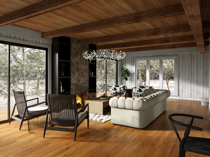 Modern Rustic Lakehouse Living and Dining Rendering thumb