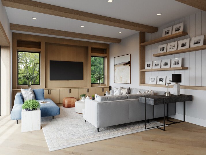 Vaulted Wood Beams Ceiling Home Interior Design Rendering thumb