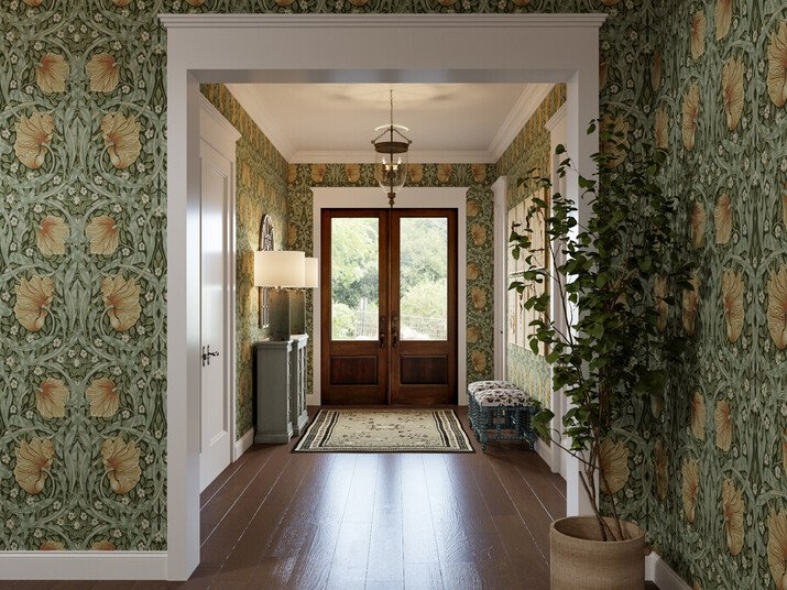 Feminine Green Eclectic Hallway Interior Design Rendering thumb