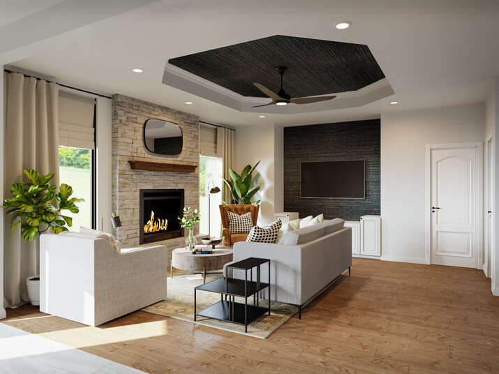 Transitional Home with Fireplace Interior Design Rendering thumb