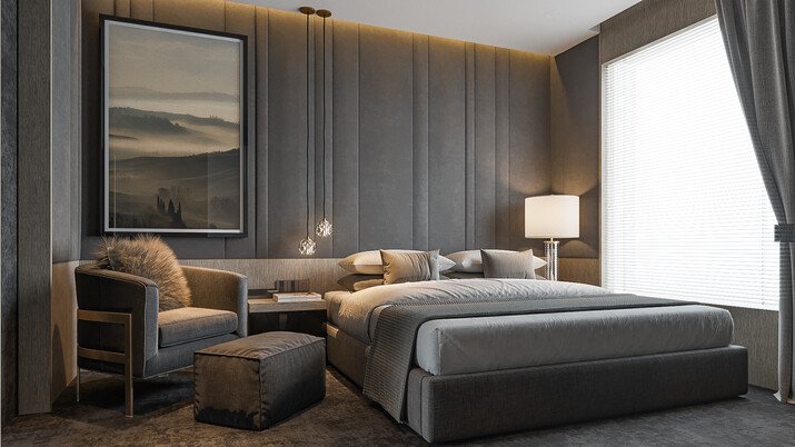 Luxury & Cozy Masculine Bedroom Interior Design Rendering thumb