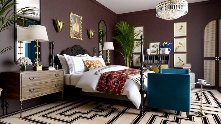 Vintage Bedroom Design with Eclectic Decor Rendering thumb