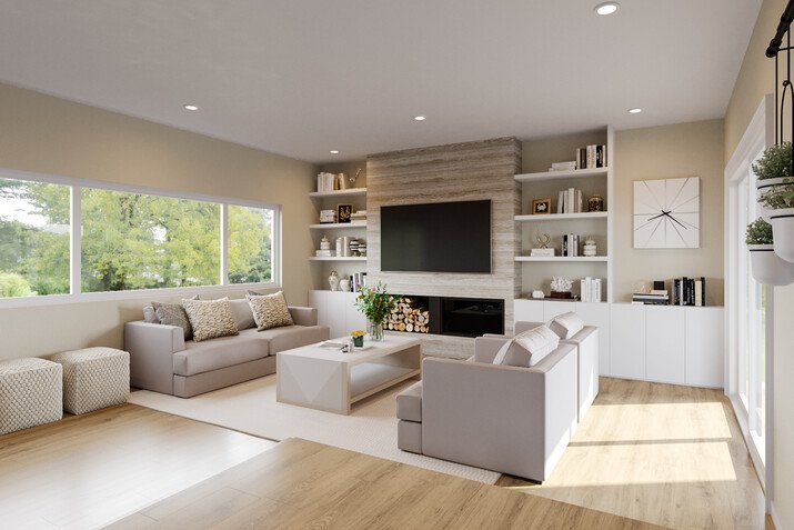 Neutral Sleek & Cozy Living Room Design Rendering thumb