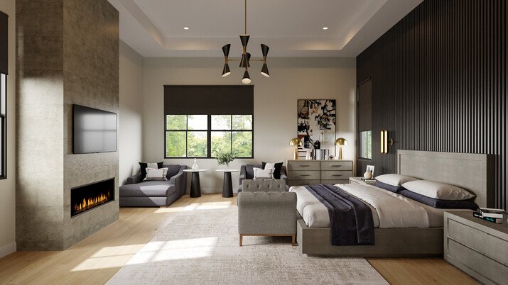 Chic Modern Master Bedroom & Office Design Rendering thumb