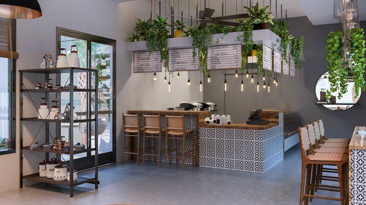 Coffee Shop With Biophilic Design Rendering thumb