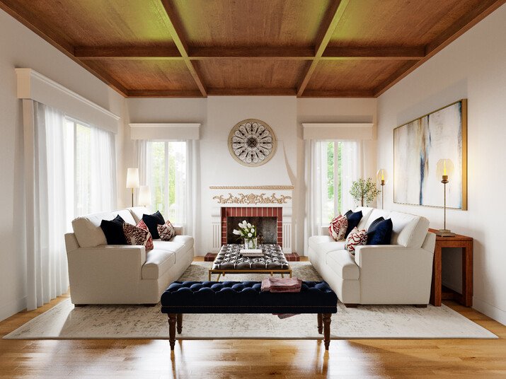Wooden Ceiling Mediterranean Living Room Design Rendering thumb