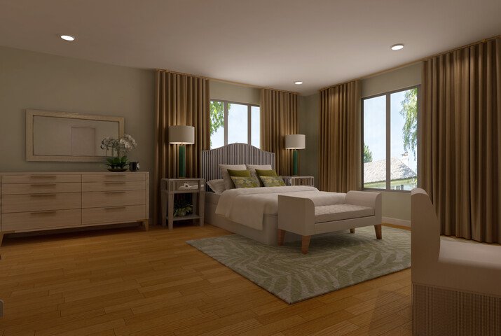 Elegant Open Living + Serene Bedroom Design Rendering thumb