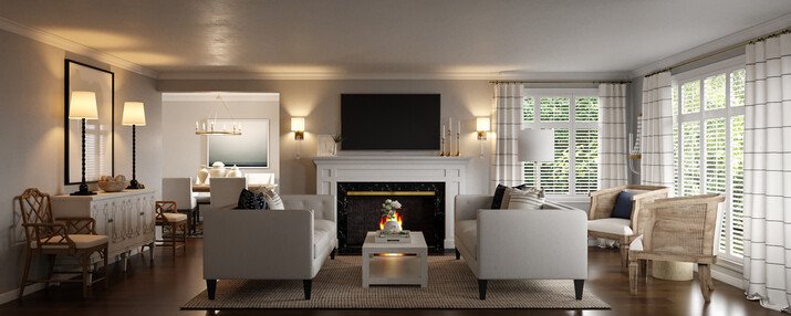 Neutral Transitional Living and Dining Room Rendering thumb