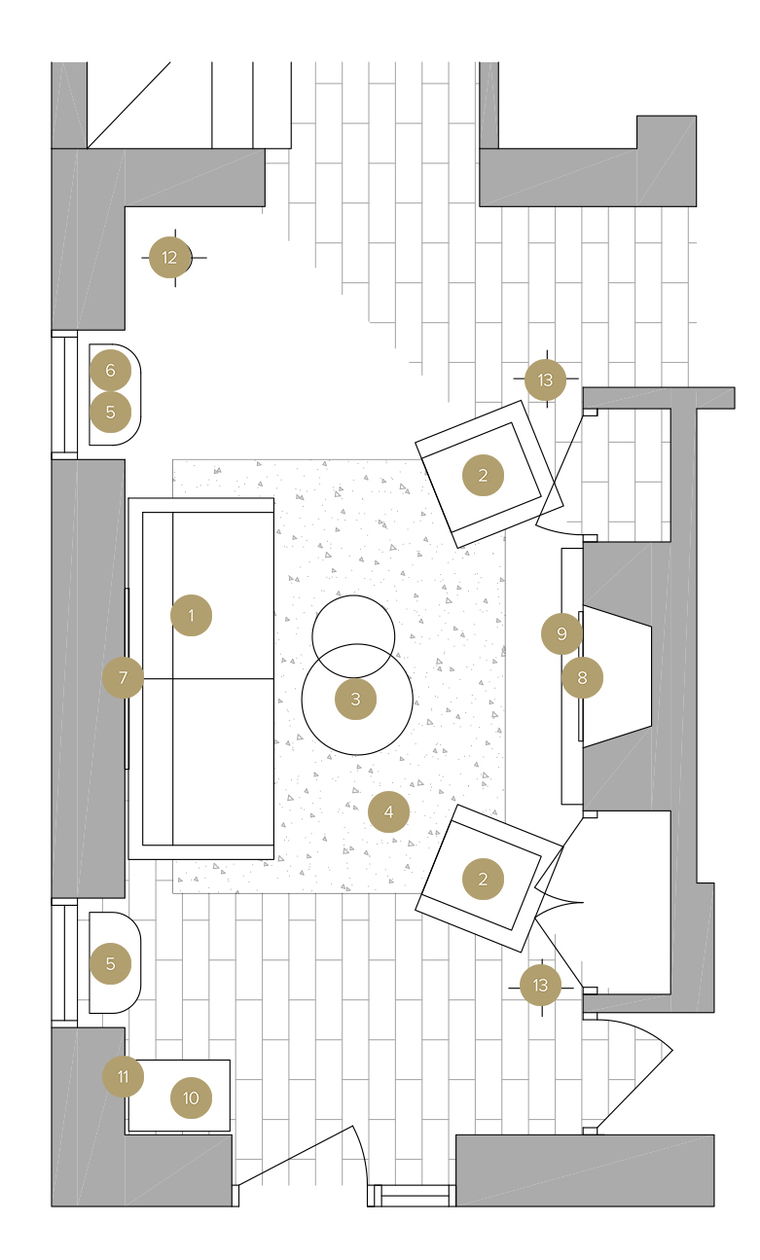 Plano de planta de sala de estar en línea