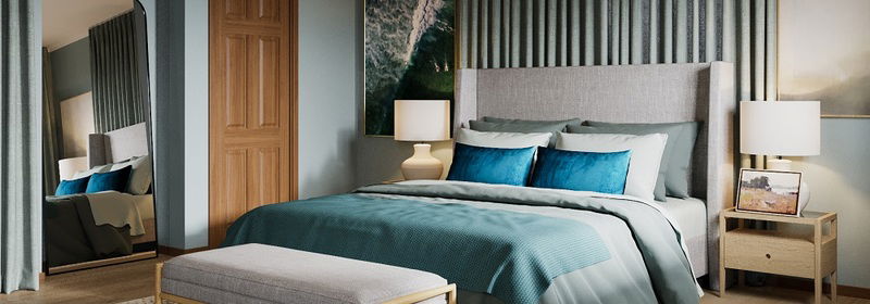 Blue and Green Modern Master Bedroom Design | Decorilla