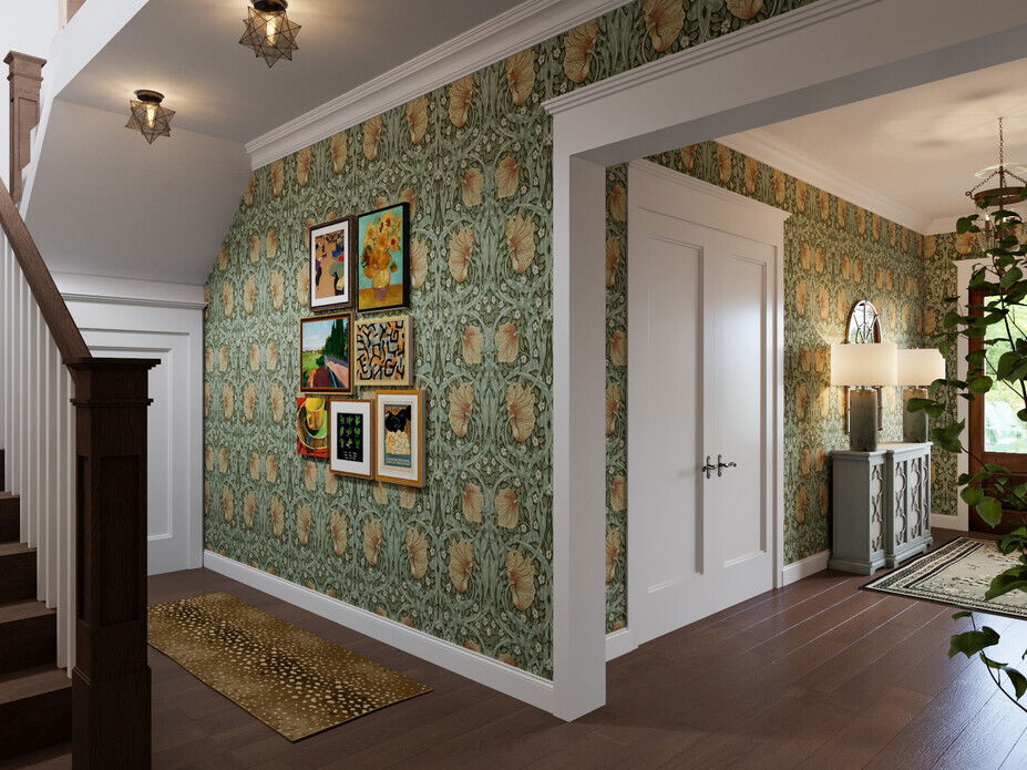 Feminine Green Eclectic Hallway Interior Design