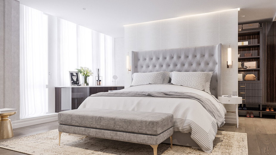 Renderizado de Dormitorio Principal & Diseño de Closet Brillante y Moderno