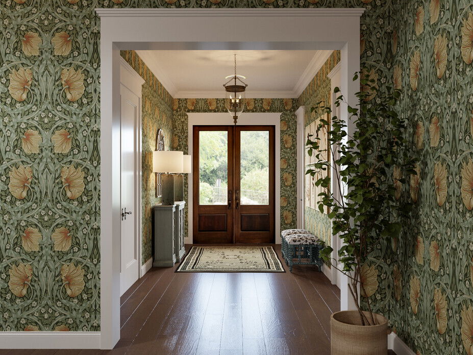 Feminine Green Eclectic Hallway Interior Design