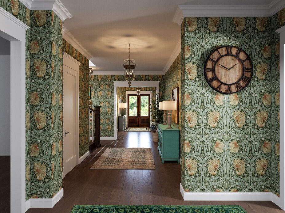 Feminine Green Eclectic Hallway Interior Design