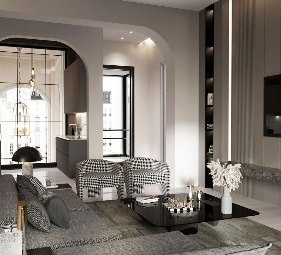 Black and white living room by  Barrie interior designers