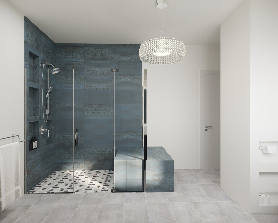 Bathroom Remodel with Blue Accent Walk-In Sh... | Decorilla