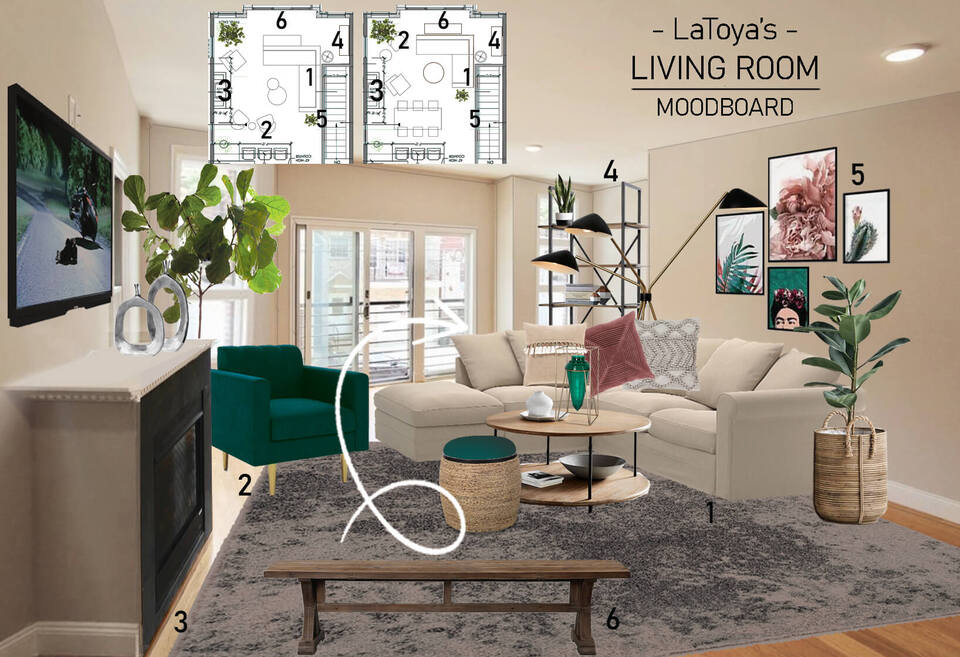 Diseño de sala de estar con acento verde esmeralda Lea B. Moodboard 1