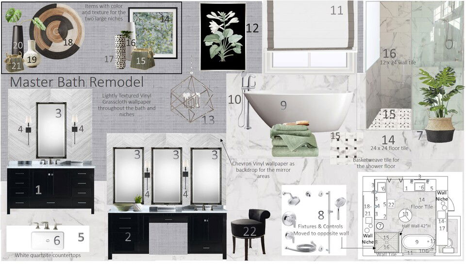 Remodelación de baño en blanco y negro transitional Wanda P. Moodboard 2 thumb