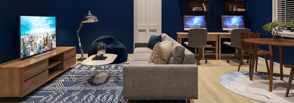 Living room and Play Room With Blue Accents