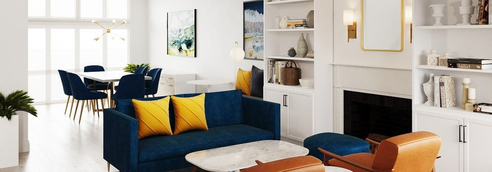 Decoración de sala y comedor de estilo moderno de mediados de siglo - Renderizado después