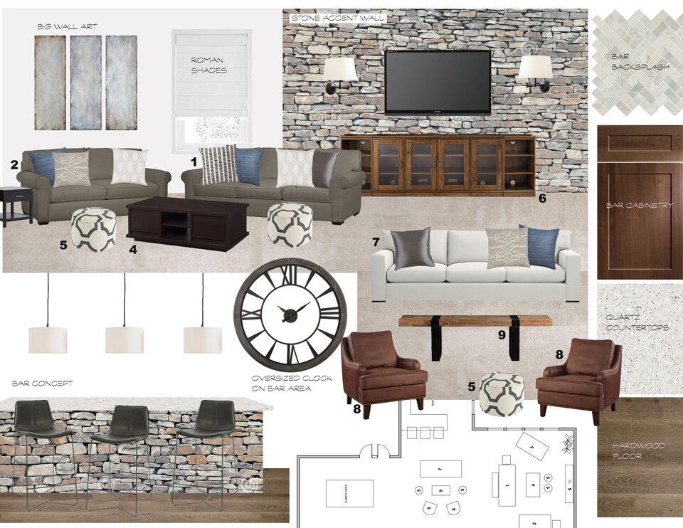 Traditional and comfortable basement bar and living room  Laura A. Moodboard 1 thumb