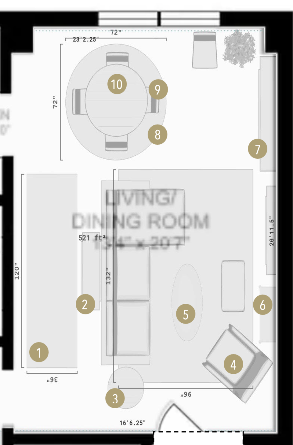 Online Designer Combined Living/Dining Floorplan