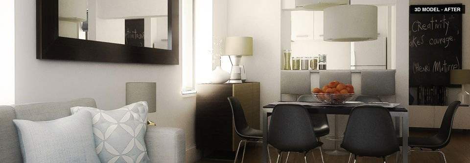 Diseño Moderno de Sala y Dormitorio de Lyn - Renderizado Después