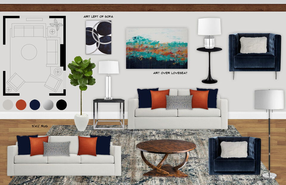 Sala de estar pequeña de estilo moderno de mediados de siglo Rachel F. Moodboard 1 thumb