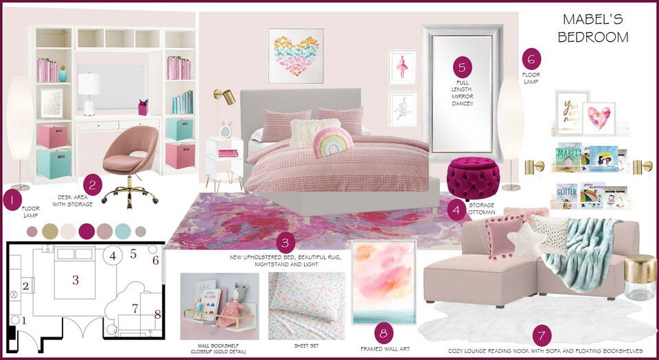 Diseño de interior de dormitorio colorido y ecléctico para niña Rachel H. Moodboard 1