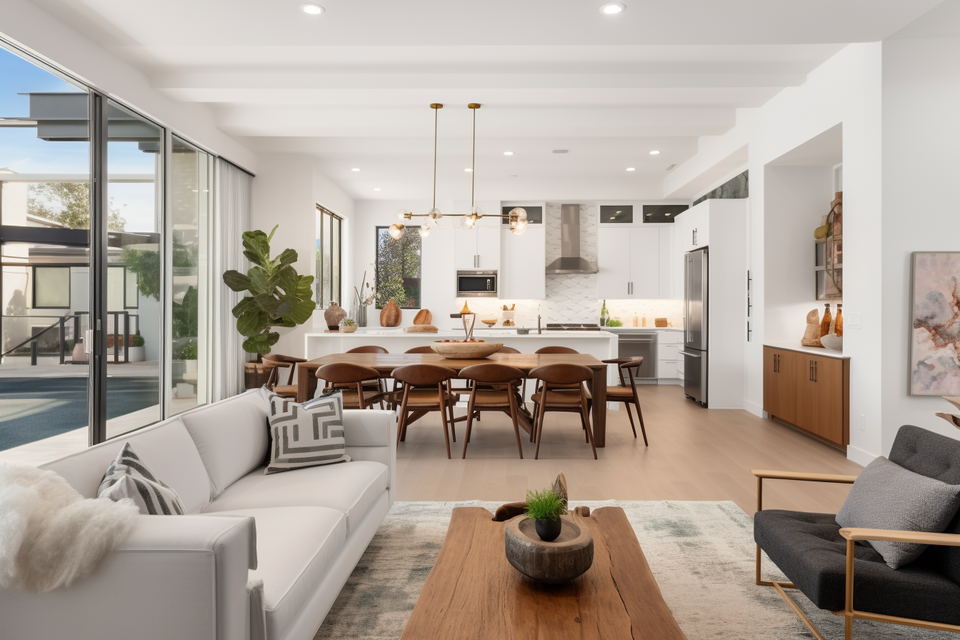 Harmonious Contemporary Open Concept Living Room and Dining Room