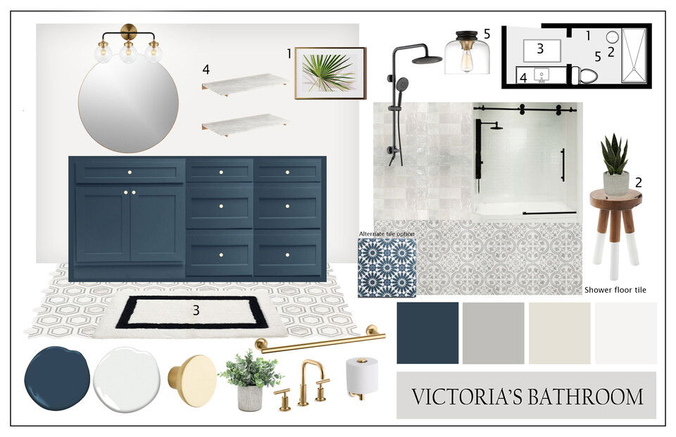Remodelación de Baño Principal Moderna Blanco & Azul Cara H. Tablero de Inspiración 1 miniatura