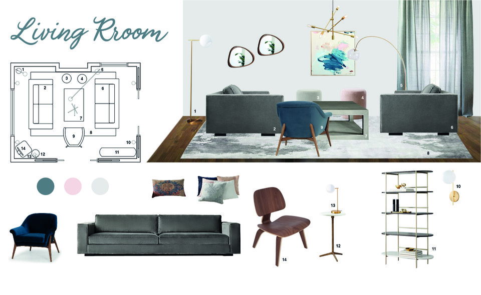 Sala de estar pequeña de estilo moderno de mediados de siglo Gabriela S. Moodboard 2 thumb