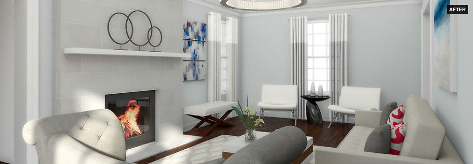 Renderizado del después del diseño de sala de estar moderna blanca de Neils
